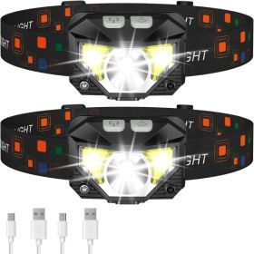 Headlamp Flashlight, Lumen Bright Head Lamps LED Rechargeable Camping Ultra Light, With White Red Light, 2 Pack Waterproof Motion Sensor Headligh (Option: Black)