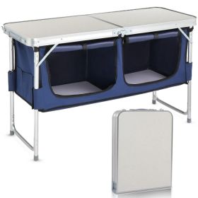 4FT Portable Folding Camping Table with Storage, Aluminum Outdoor Cooking Station with 2 Adjustable Legs, Blue (Option: Default title)
