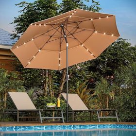 10ft Patio Umbrella, LED Lighted Patio Umbrella Outdoor Table Pool Sun Shade Canopy 3 Tier Outdoor Market Table Umbrellas With 8 Fiberglass Ribs (Option: Khaki)