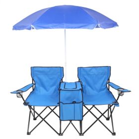 Double Folding Picnic Chairs w/Umbrella Mini Table Beverage Holder Carrying Bag for Beach Patio Pool Park Outdoor Portable Camping Chair (Blue) (Option: Blue)